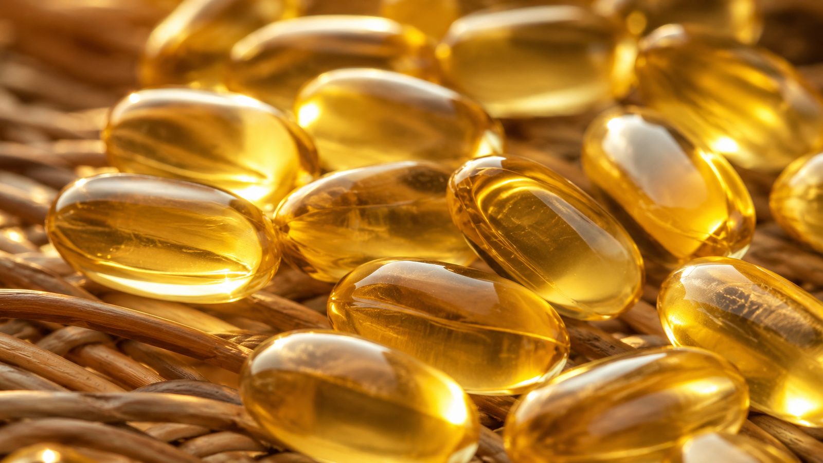 Cápsulas softgel douradas e translúcidas de vitamina D3 espalhadas sob luz solar