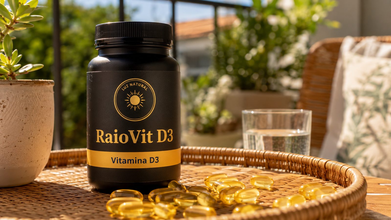 Frasco preto de vitamina D3 com cápsulas softgel douradas espalhadas numa bandeja de palha, sob luz de sol