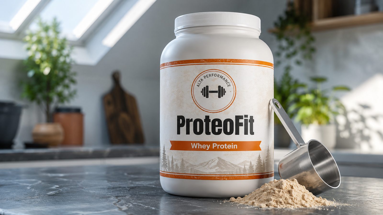 Pote de whey protein aberto com scoop dosador cheio de pó, sobre bancada de cozinha