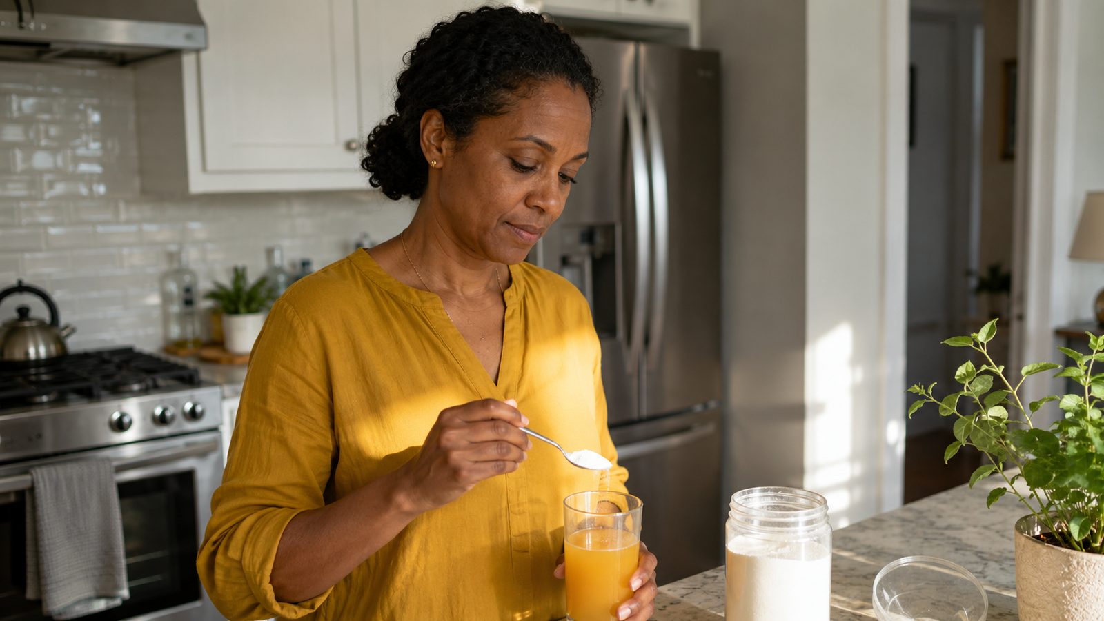 Mulher preparando colágeno em pó misturado a suco de laranja em uma cozinha iluminada pela manhã