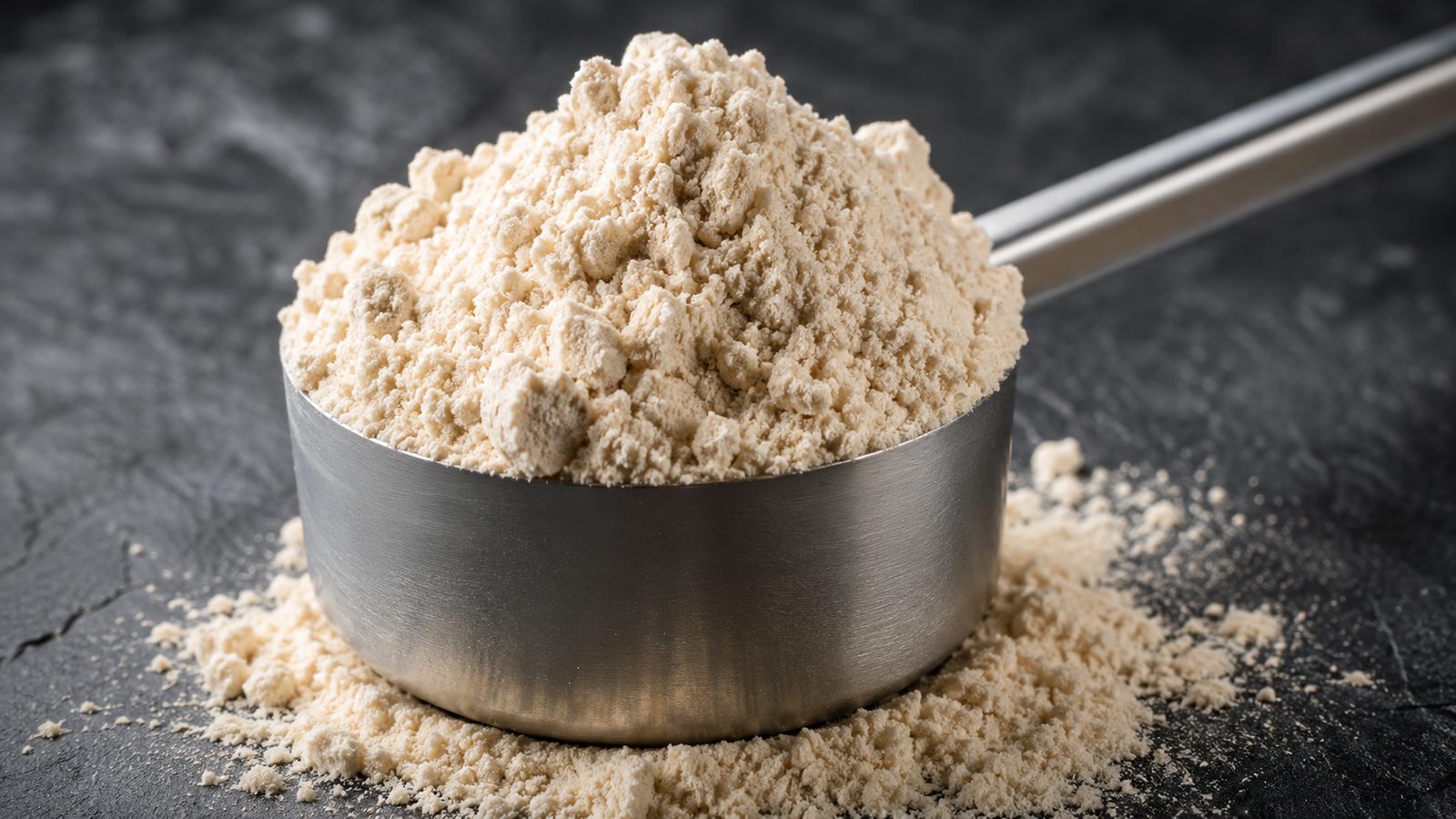 Scoop dosador de whey protein cheio de pó ao lado de uma tabela nutricional de suplemento