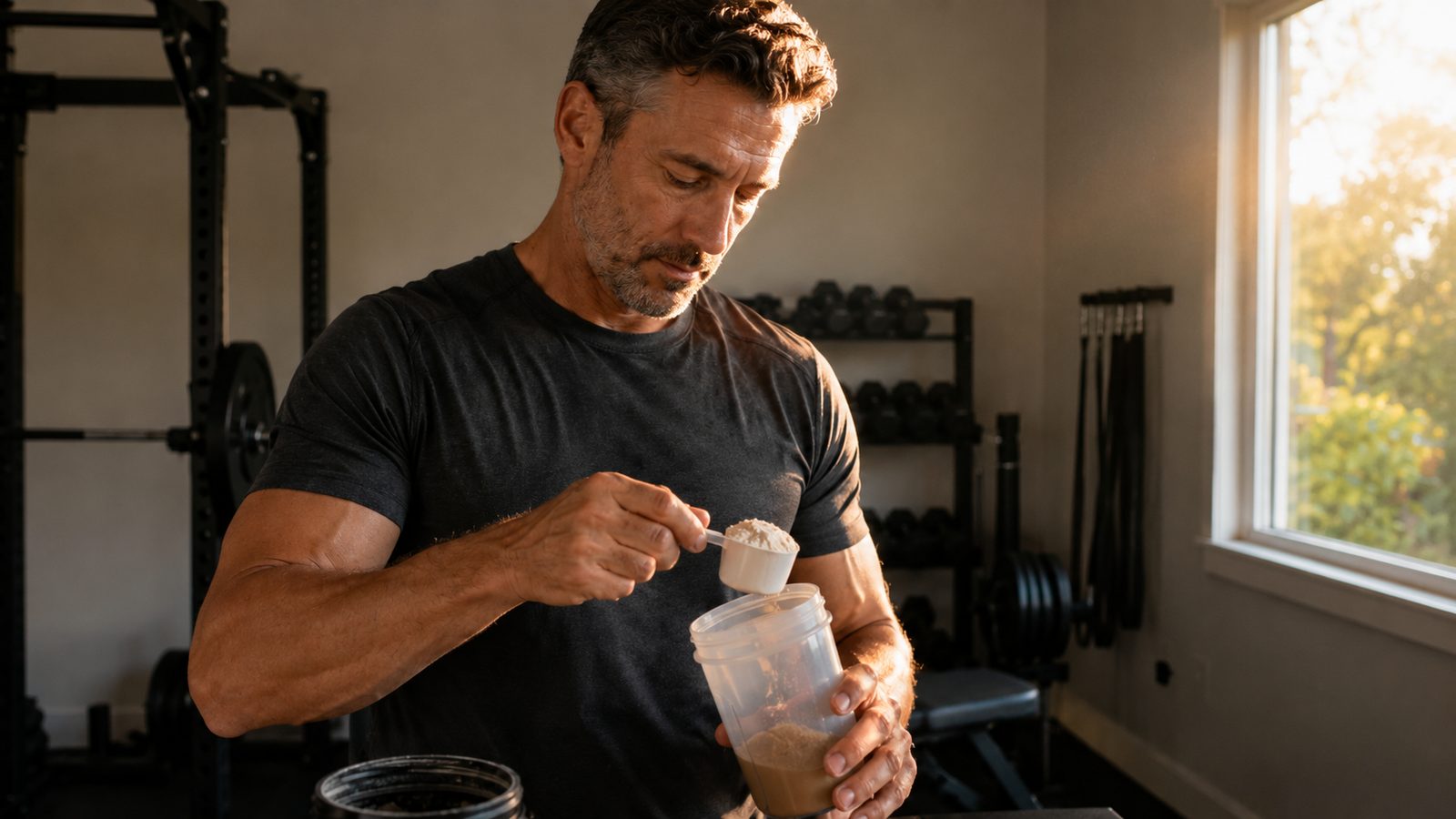 Coqueteleira sendo preparada com água antes do pó de whey protein, sobre uma bancada de academia