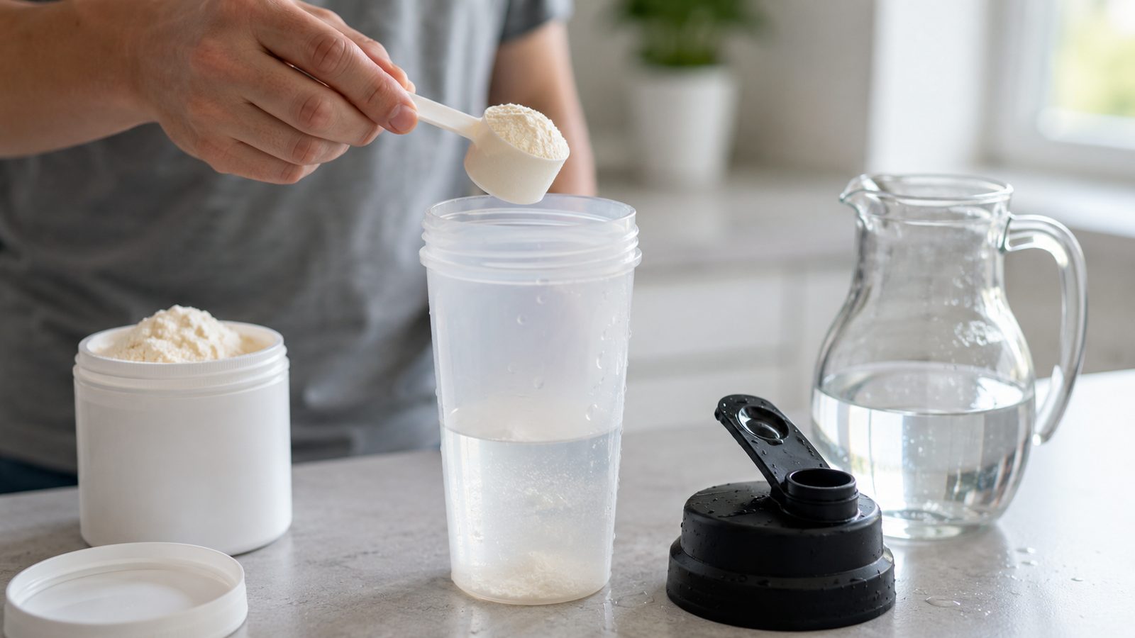 Coqueteleira sendo preparada com creatina em pó e água sobre uma bancada de cozinha